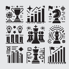 Business Plan Icon Set – Black and White Line Style, Strategy and Planning Symbols