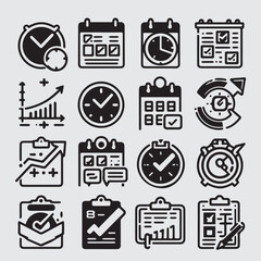 Business Plan Icon Set – Black and White Line Style, Strategy and Planning Symbols