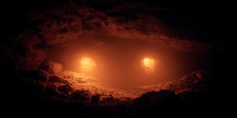 Mysterious glowing eyes in a dark cave.