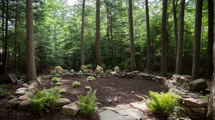 Fototapeta premium A peaceful, stone-walled garden area nestled among trees