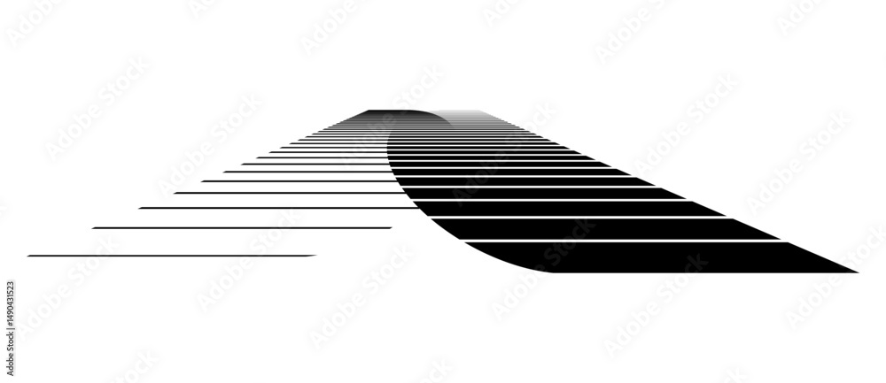 Poster Transition in two semicircles with parallel lines. Abstract art geometric background for logo, icon, design element. Perspective view.