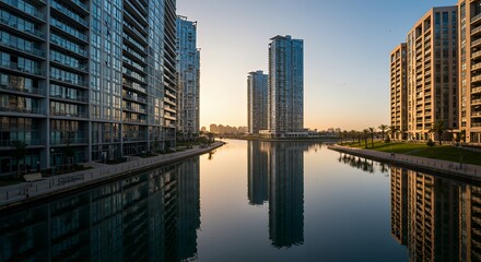 Naklejka premium Modern Cityscape Reflecting in Calm Water at Sunset Buildings and Reflections