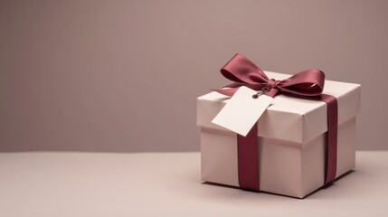A delicately wrapped present, adorned with a muted rose ribbon and a blank tag, sits poised on a neutral surface, awaiting its moment of gifting.