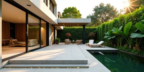 Fototapeta premium Modern Minimalist Home Exterior with Pool and Lush Greenery Featuring a Sunlit Patio and Seamless Indoor-Outdoor Living Space