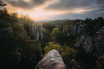 Fototapeta premium Prachovske skaly at sunset, Cesky raj sandstone cliffs in Bohemian Paradise, Czech Republic.