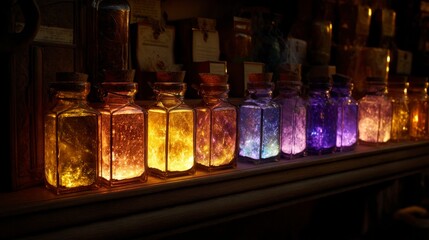 Colorful glowing potion bottles on a shelf in dim lighting.