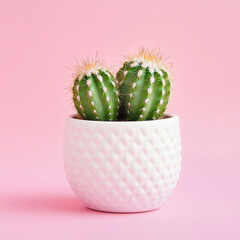Two small round cute cacti in a pot on a plain background, a house plant studio photo shoot