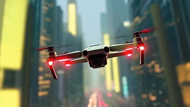 Futuristic surveillance drone flying above city street at night, seamless looping 4k time-lapse animation video background