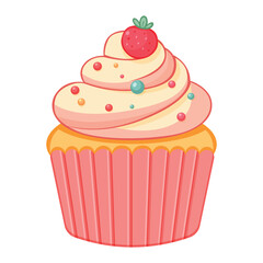 Delicious cupcake with cherry on top, in flat vector style. Vector festive sweet desserts for a birthday or small celebration