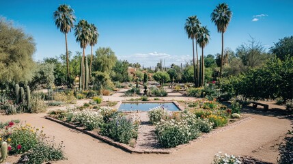 Obraz premium Sunny desert garden with palms, flowers, and a pond