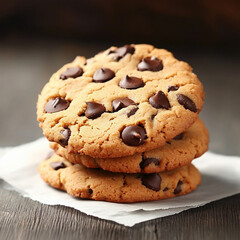 Beautiful food photo of three cookies with milk chocolate chips lying on top of each other on the table