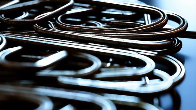 Pile of metallic curved shaped links, close-up detailed view of interlocking connectors and shiny surface in dark lighting, metalwork, construction material
