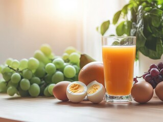 Healthy breakfast still life with juice grapes and eggs