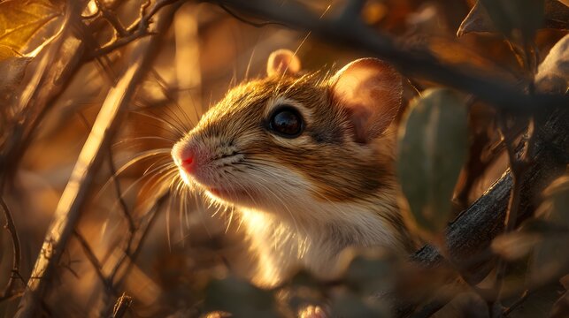 Kangaroo rat watching from behind a shrub, golden sunlight lighting its fur