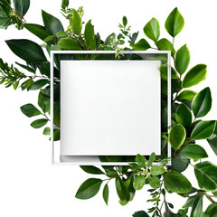 A square white frame surrounded by green eucalyptus leaves and branches, isolated on a white background