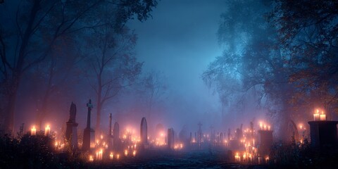 Mysterious candlelit graveyard shrouded in misty twilight.