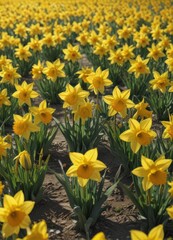Fototapeta premium Sunlit field of vibrant yellow daffodils in full bloom, petals glistening , meadow, vibrant