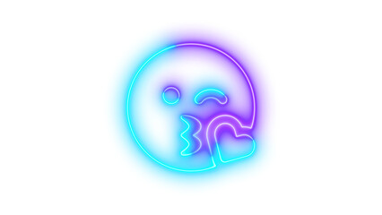 Neon face kiss wink heart symbol icon glowing with transparent background