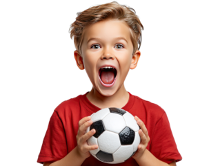 Soccer joy: A young boy expresses unbridled excitement as he holds a soccer ball, capturing the spirit of sports and the thrill of the game.