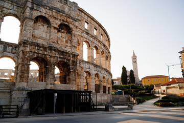 Ancient ruins of the Roman Amphitheatre, Istria peninsula. Pula, Croatia.