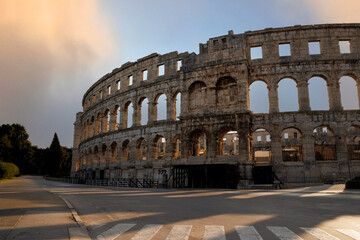 Ancient ruins of the Roman Amphitheatre, Istria peninsula. Pula, Croatia.