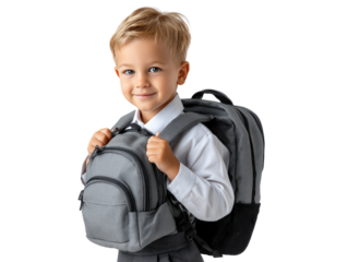 Young Student: A smiling, young student stands with a sturdy backpack on, looking excited to begin their day and go to school. the image of the student represents education, early childhood learning.