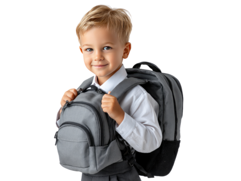 Young Student: A smiling, young student stands with a sturdy backpack on, looking excited to begin their day and go to school. the image of the student represents education, early childhood learning.