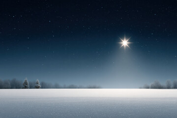 Naklejka premium serene snowy landscape illuminated by bright christmas star in night sky
