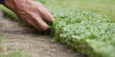 Closeup of hands adjusting turf edges with care