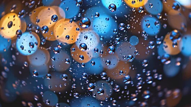 vivid blue bokeh lights, illuminated droplets on glass surface, reflections and diffracted light, creating a sense of depth and texture, captivating and enchanting atmosphere high resolution
