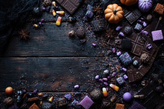 Halloween-themed chocolate and candy arrangement on dark wooden table.