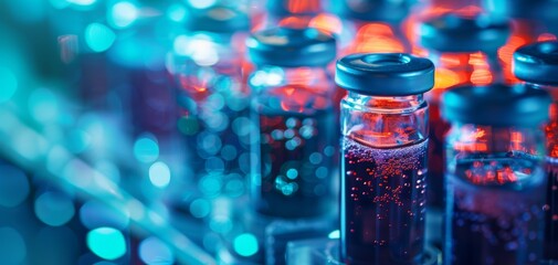 Close-up of laboratory vials filled with liquid, illuminated by vibrant blue and red lighting, creating a high-tech, scientific atmosphere.