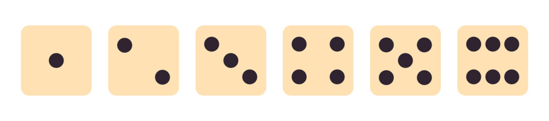 Set of six dice faces showing numbers one to six in a clean row on white background, ideal for counting, math, probability, logic games, and educational materials