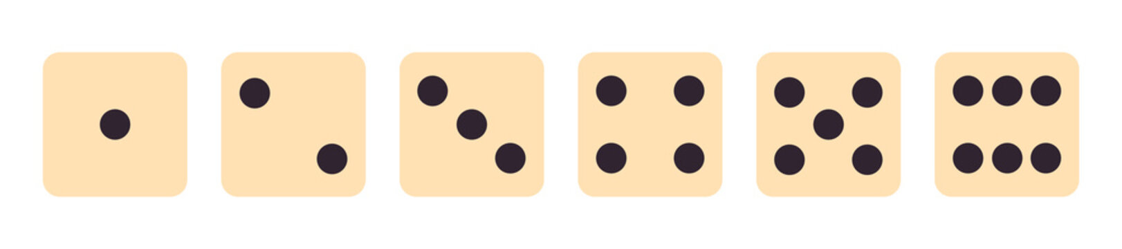 Set of six dice faces showing numbers one to six in a clean row on white background, ideal for counting, math, probability, logic games, and educational materials