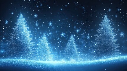 Sparkling Christmas trees in a snowy landscape under a night sky with falling snow and stars, creating a festive and magical winter scene, holiday season background.