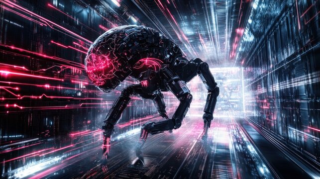 Cybernetic creature in a futuristic corridor.  Digital brain and glowing circuits