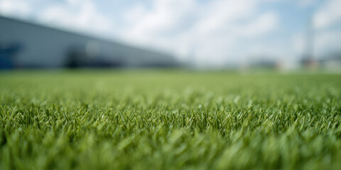 Blurred view of industrial warehouse yard with synthetic grass