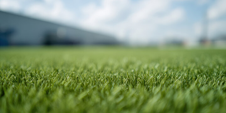 Blurred view of industrial warehouse yard with synthetic grass