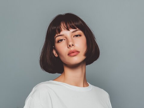 Portrait of woman with blunt bob haircut and bangs on solid background in studio lighting for beauty shot.