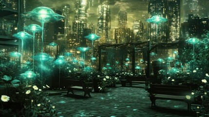 Obraz premium Futuristic park with glowing plants, urban backdrop. Lush greenery, glowing teal fungi, park benches, city in background