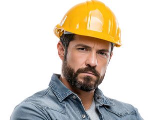 Man in Hard Hat: A focused construction worker, donning a vibrant yellow hard hat and rugged work shirt, his expression a picture of determination, embodying the grit and dedication of labor.