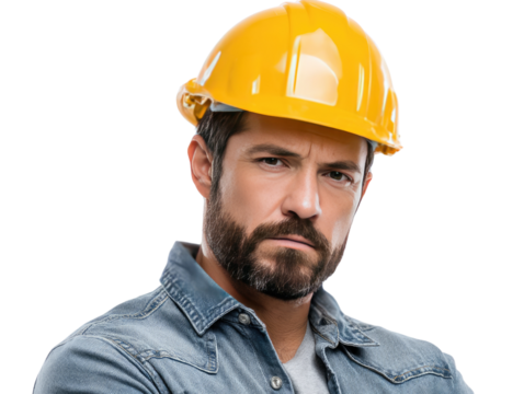Man in Hard Hat: A focused construction worker, donning a vibrant yellow hard hat and rugged work shirt, his expression a picture of determination, embodying the grit and dedication of labor.