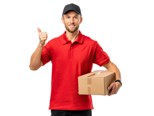 Reliable Delivery: A friendly delivery person in uniform offers a thumbs-up while holding a package, embodying efficiency, reliability, and excellent customer service.