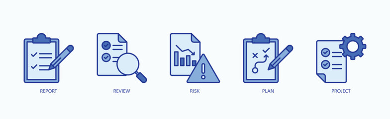 Project Oversight Icon Set Isolated Vector With Icon Of Report, Review, Risk, Plan, Project In Blue Style