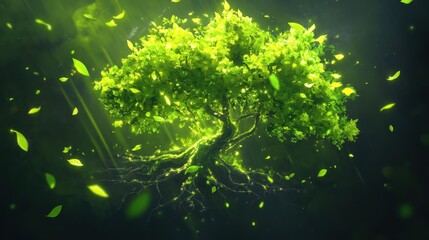 Fototapeta premium Green Tree with Glowing Roots and Falling Leaves