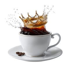 A white cup and saucer with coffee splashing out of the cup, creating a crown-like effect. The image is isolated on a white background