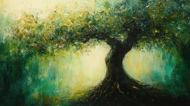 Oil Painting of a Tree with Green Foliage