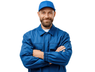 Confident Tradesman: A skilled tradesman with a friendly demeanor, posing confidently with folded arms, showcases competence and professionalism in his field. 