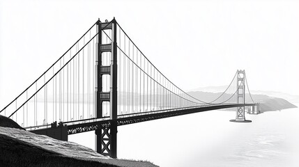 Naklejka premium Monochromatic Illustration of the Majestic Golden Gate Bridge Spanning the Water