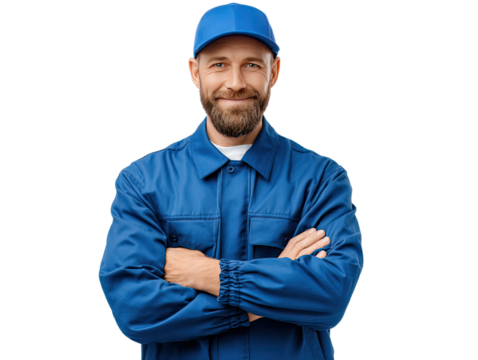 Confident Tradesman: A skilled tradesman with a friendly demeanor, posing confidently with folded arms, showcases competence and professionalism in his field. 